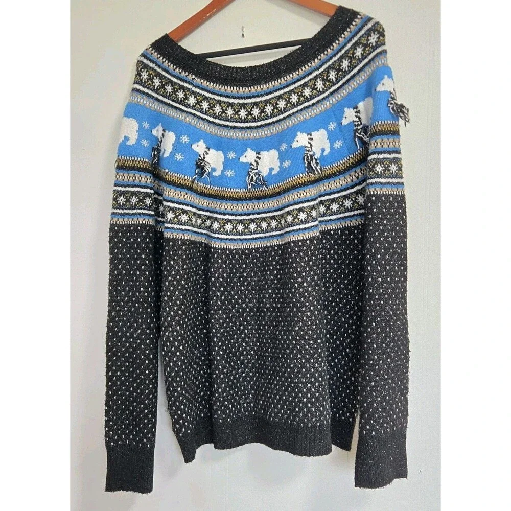 Holiday Time Womens Sweater 1X Fair Isle Soft Black Polar Bear Winter Nordic - Picture 5 of 8